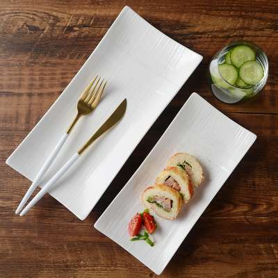 popular design rectangle  ceramic ozone plate edge fold white porcelain dinner plates